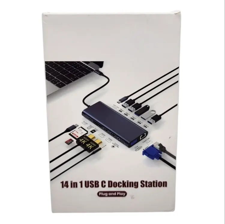 14 in 1 USB C Laptop Docking Station Dual Monitor Triple Display, 2 4K HDMI, VGA