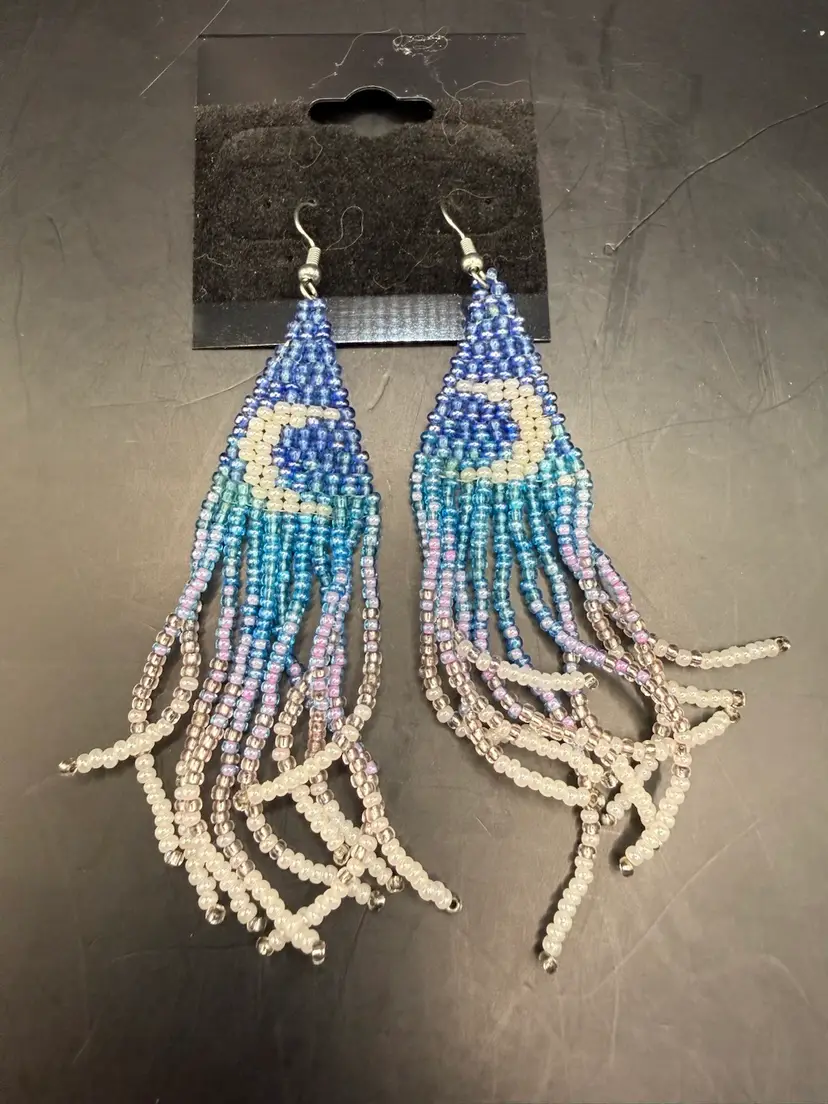 Crescent Moon Boho Celestial Seed Bead Dangle Earrings 3.5”
