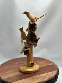 Wood Carved Moveable Handmade Birds On Branch Indonesia Art