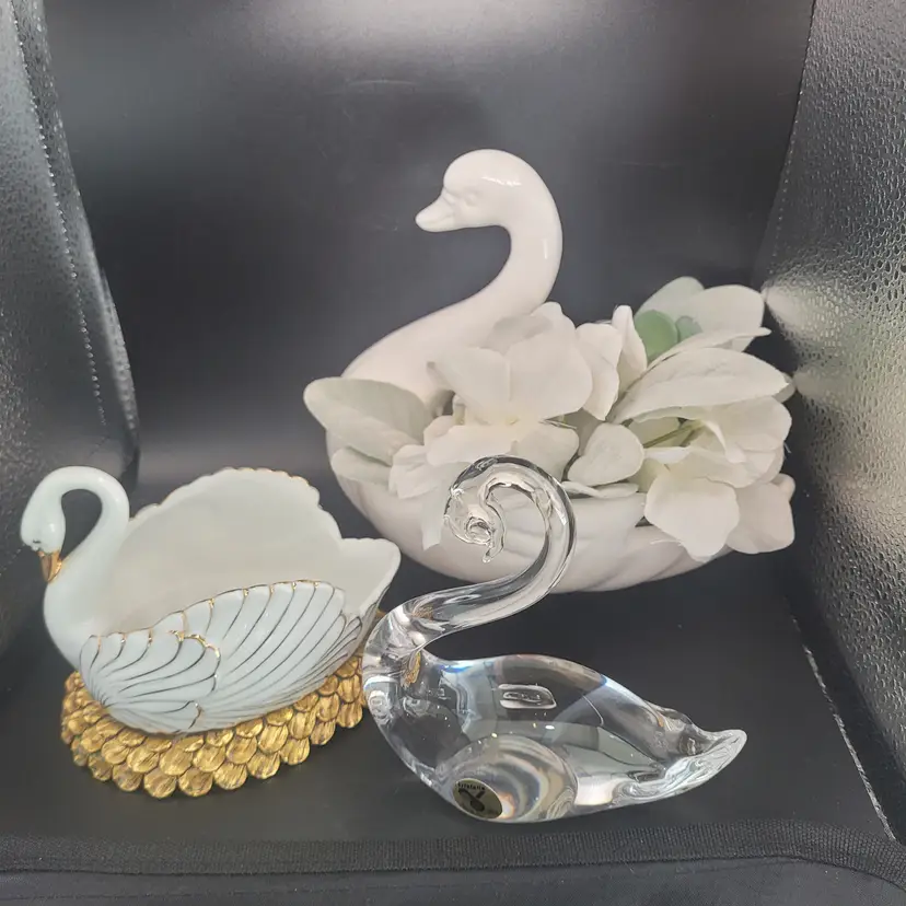 Lot of 3 Swans-Crystal Made in Italy-Porcelain W/Gold Gilt-White Ceramic Candy Dish