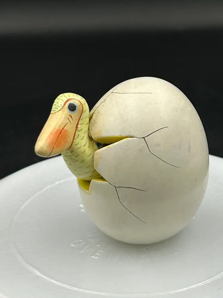 Hand Painted Colorful Pelican Bird Hatching From Cracked Egg Figurine Mexico