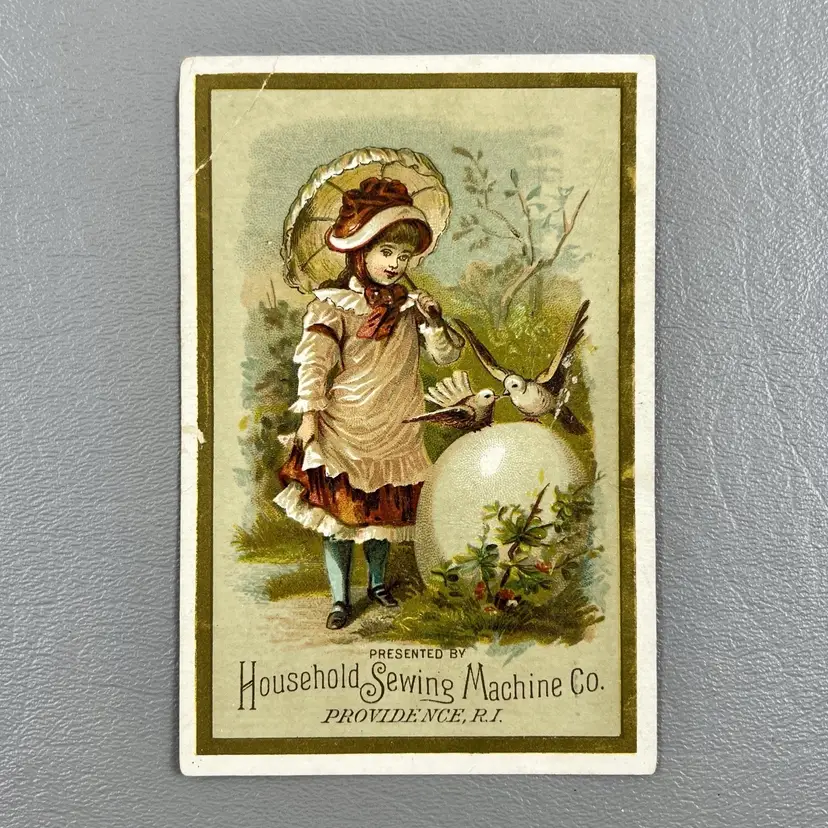 Victorian Trade Card Household Sewing Machine Co Girl Umbrella Doves 4.5x3" Providence RI