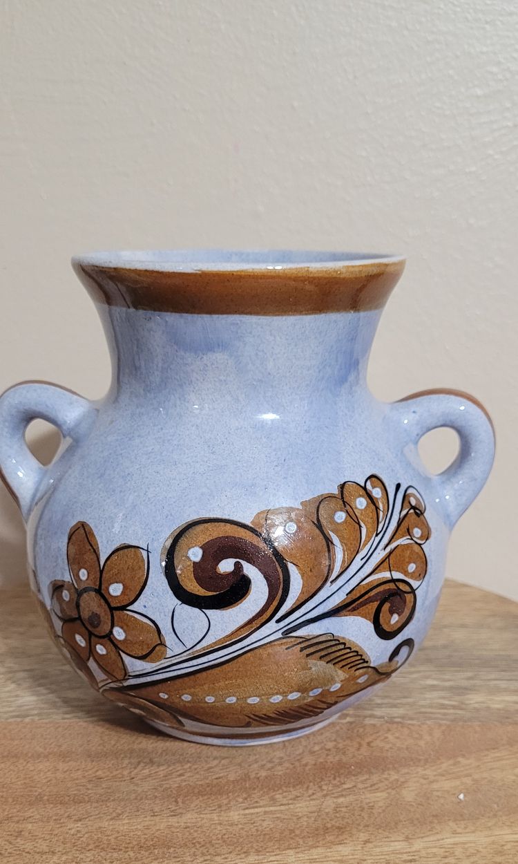 Light Blue Pottery Vase with Brown Bird and Designs 6" x 6"