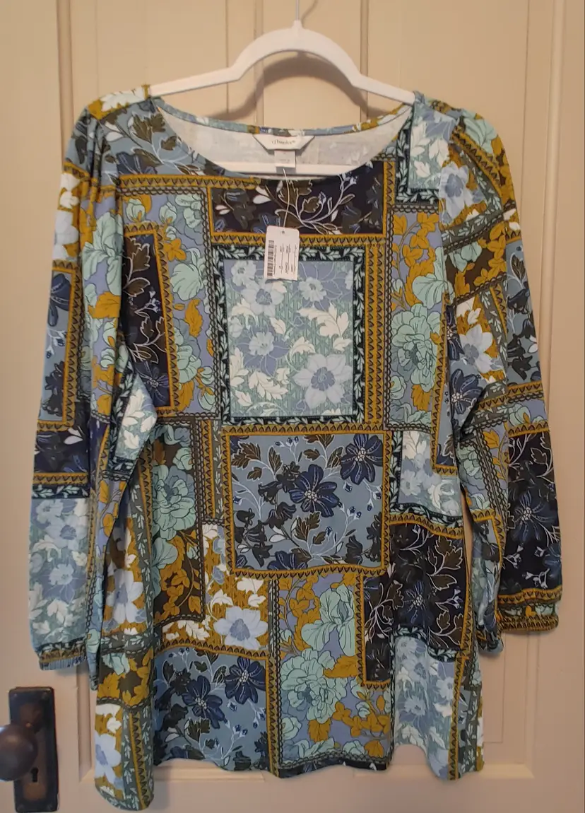 Top- Brand: CJ Banks. Size X. NWT. Blue green gold patterned top. Material- 60% cotton, 40% modal.  No callouts.