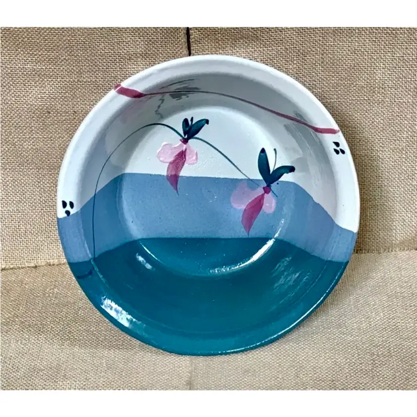 Blue Off White Floral Pottery Bowl Decorative Coastal Grandma Ocean Beach