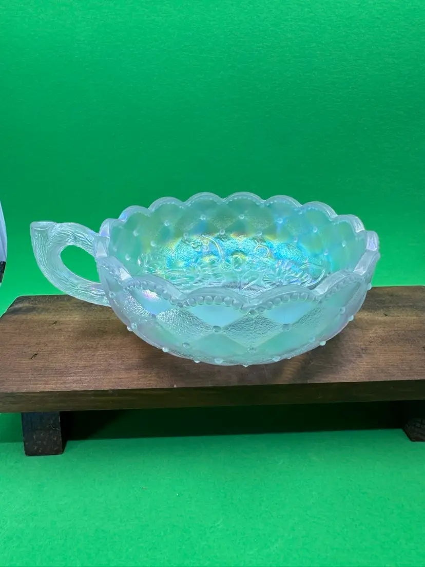 Imperial Glass iridescent Carnival glass nappy bowl with pansy and quilted pattern