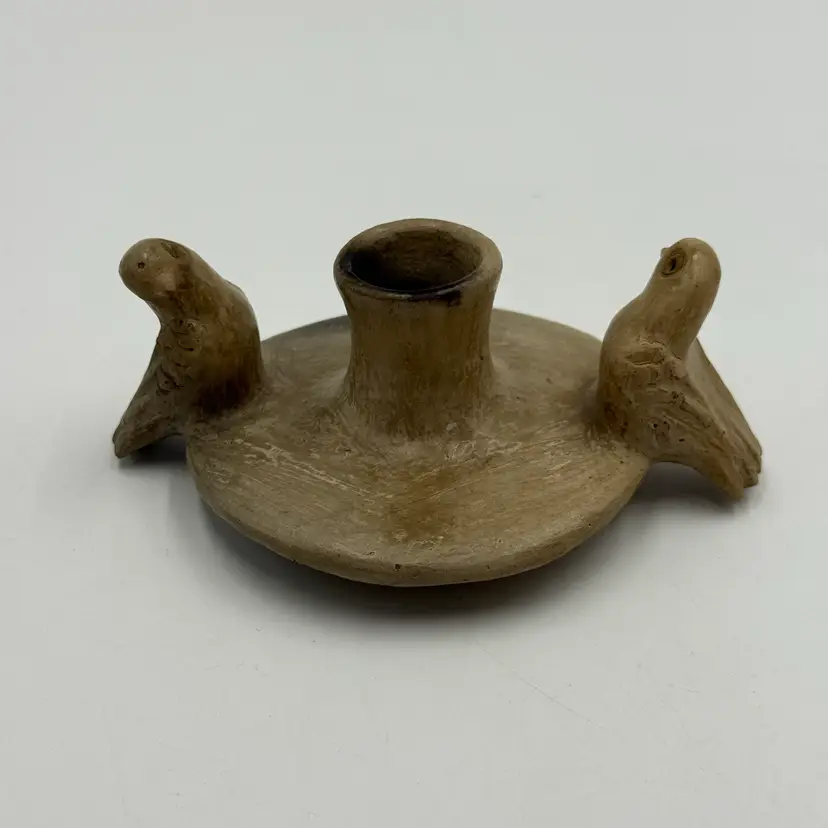 Handmade Clay Bird Lid Figurine Taper Candle Holder Beige Rustic Folk Pottery