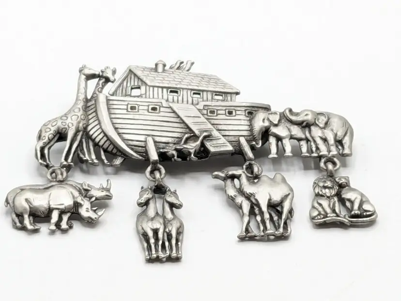 Vintage JJ Jonette Jewelry Noah's Ark Brooch Pin Silver Tone