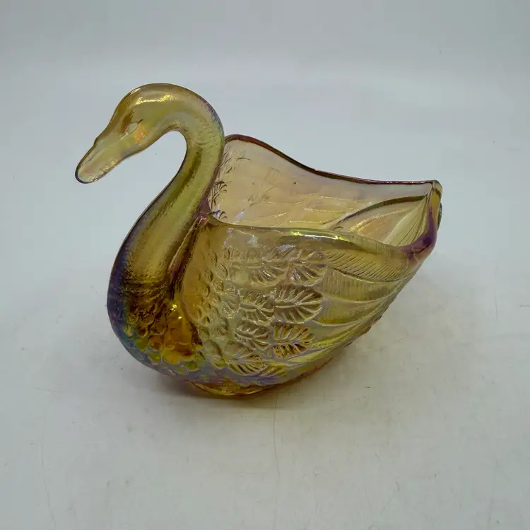 Vintage Fenton Art Glass Iridescent Amber Swan Figurine Open Back Trinket Dish Candy Nut Bowl Sticker Fenton 95 Years And Embossed
