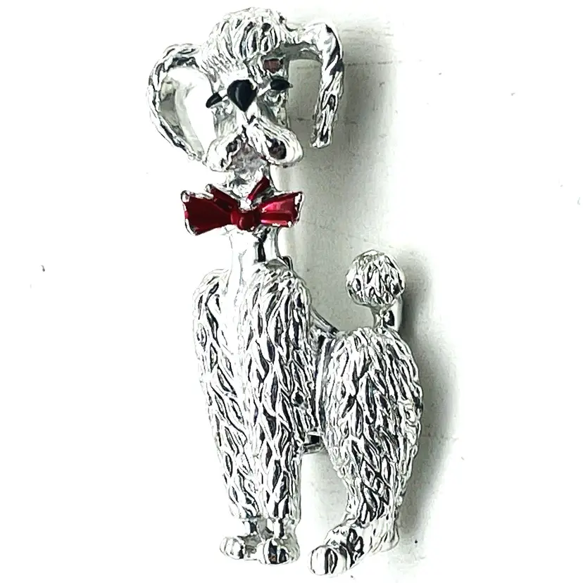 Vintage Silver Tone Poodle Brooch with Red Bow French Dog Puppy Canine 11773