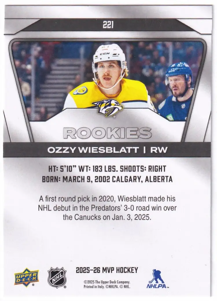 2025-26 Upper Deck MVP #221 Ozzy Wiesblatt SP RC Nashville Predators Hockey Card