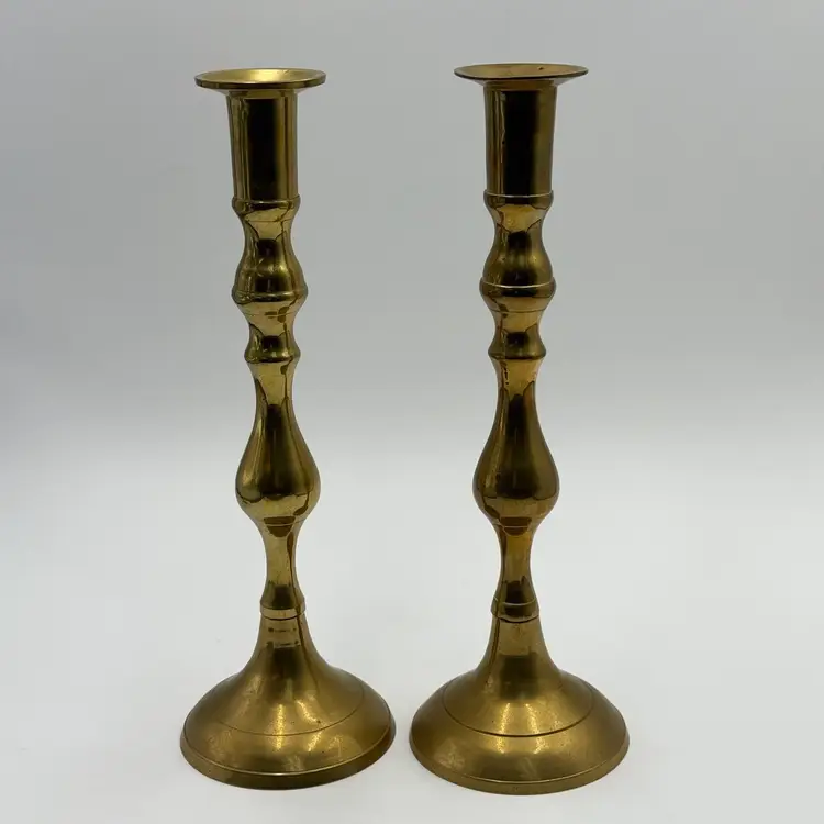 Brass Vintage MCM Candlestick Holders Baluster Form Set Of Two Made In India