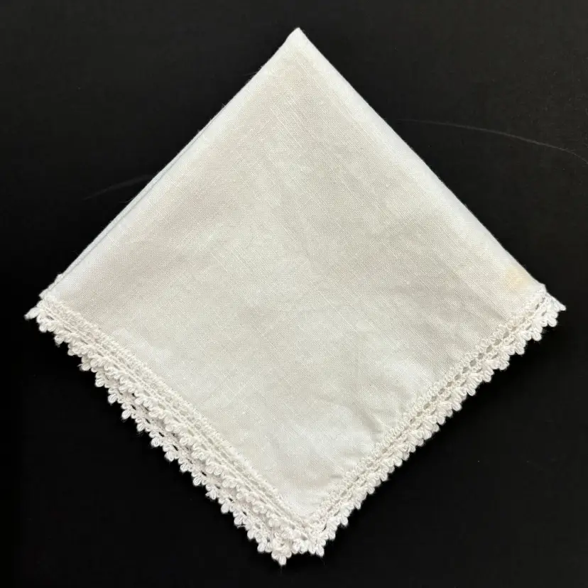 Crochet Lace Edge White Wedding Handkerchief Bride Cottage Core Granny Vintage
