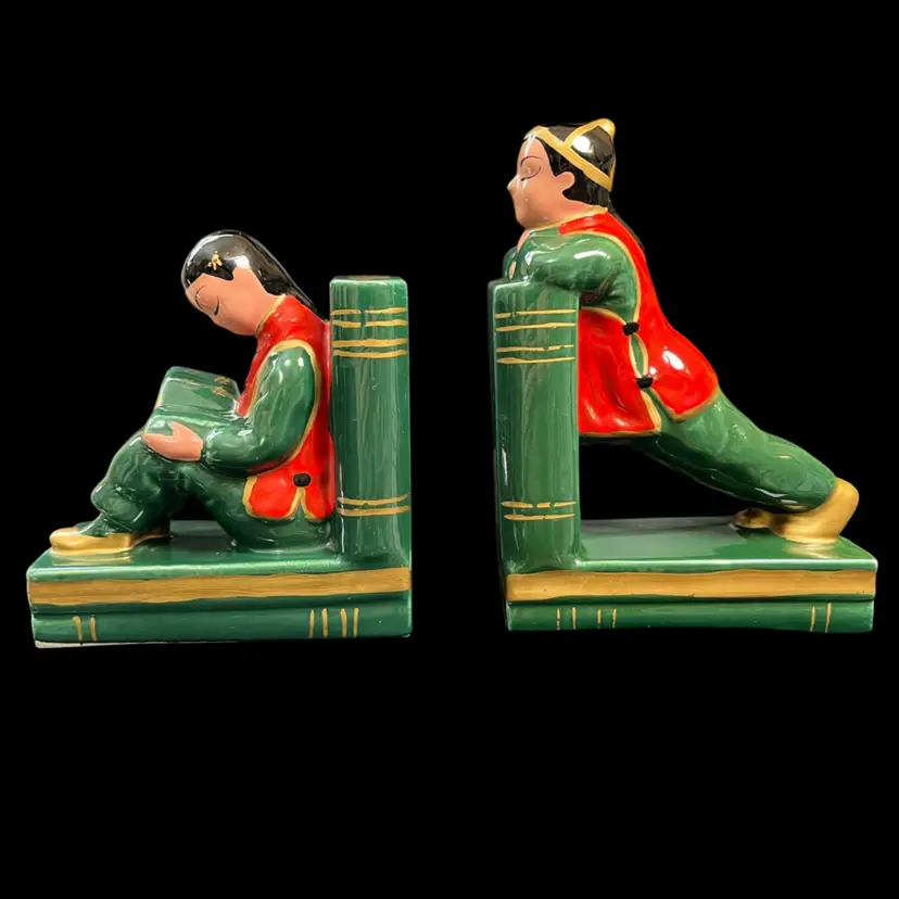 Mid-Century Asian Girl & Boy Ceramic Bookends w/ Green, Red and Gold Gilding Cold Paint Finish