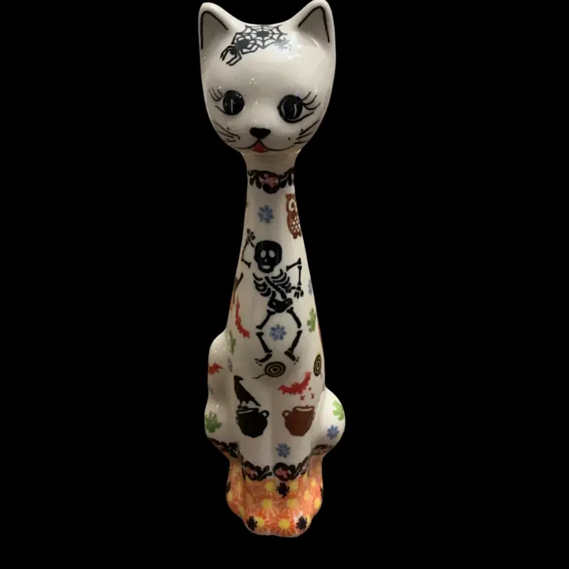 Polish Pottery Tall Neck “Monster Mash” Halloween Cat 10” x 3.5”