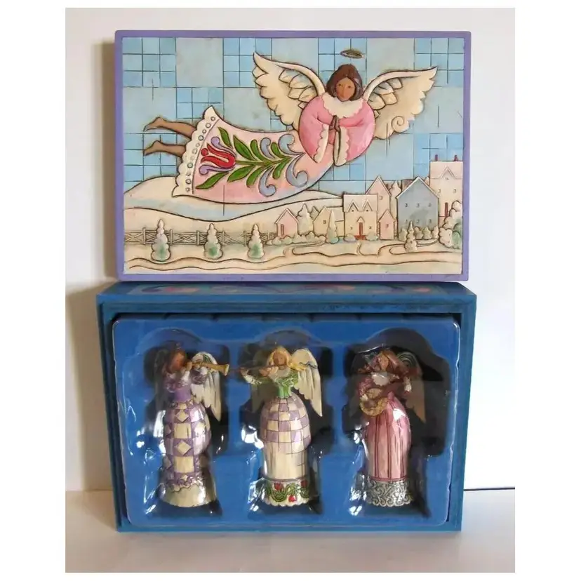 Jim Shore 'Music Makes the Season Merry' Angel Ornament Set of 3, and Wooden Box