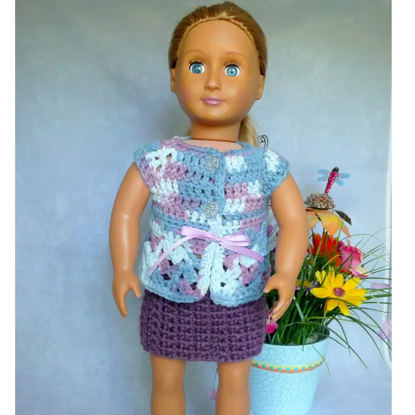 Handmade Crochet 18" Doll Purple Blue Lace Button Top and Purple Skirt Outfit