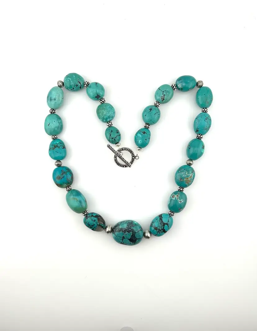 Chunky Turquoise And Silver Beaded Necklace Made By Me 22”