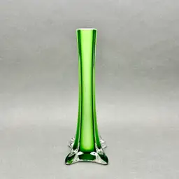 Vintage MCM Handblown White Cased Green Glass Bud Vase