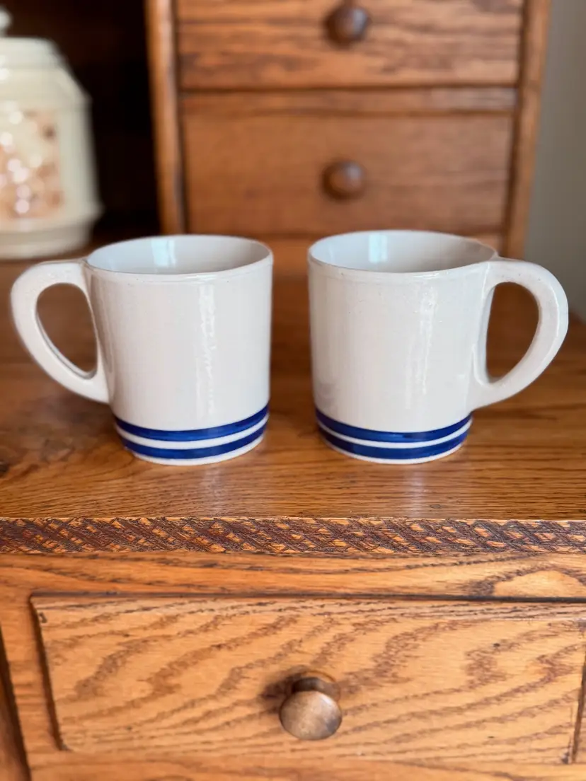 Vintage RRP Co Roseville Ohio Stoneware Mug Set Blue Stripe Coffee Cups Farmhouse Kitchen Rustic Americana Pottery Pair