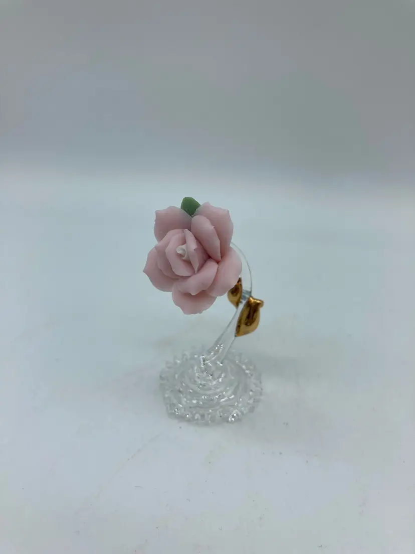 Glass Baron Crystal Pink Stem Rose 22k Gold Plated Leaves