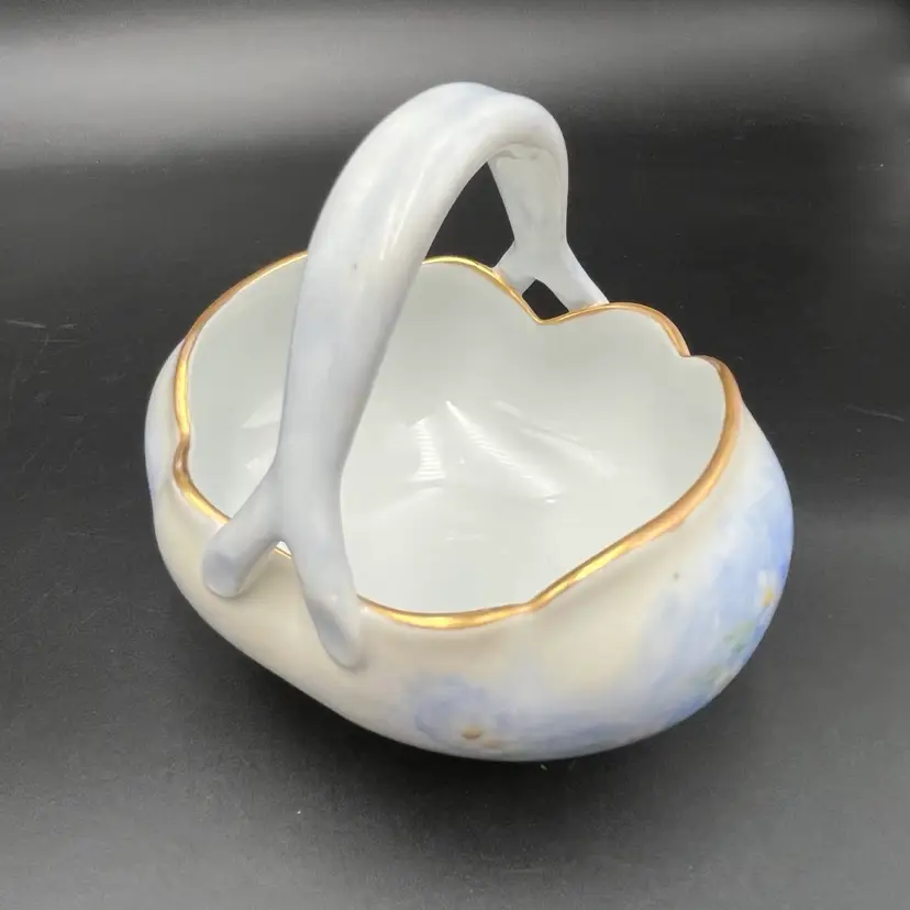 Hand Painted Floral Porcelain Ceramic Gilded Footed Basket Planter, Trinket Or Candy Dish