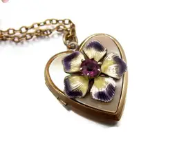 Gorgeous Enamel Flower GF Heart Locket Necklace Gold Filled MOP Floral Pendant