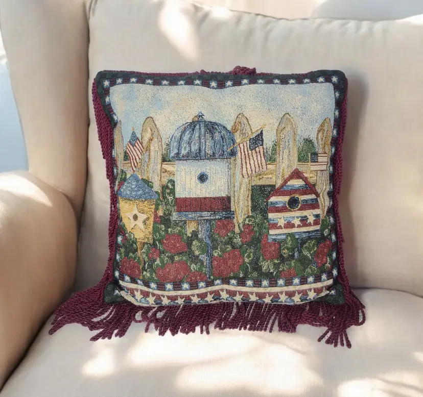 Birdhouse Tapestry Fringe Throw Pillow Vintage 16 x 16 Patriotic Stars Americana