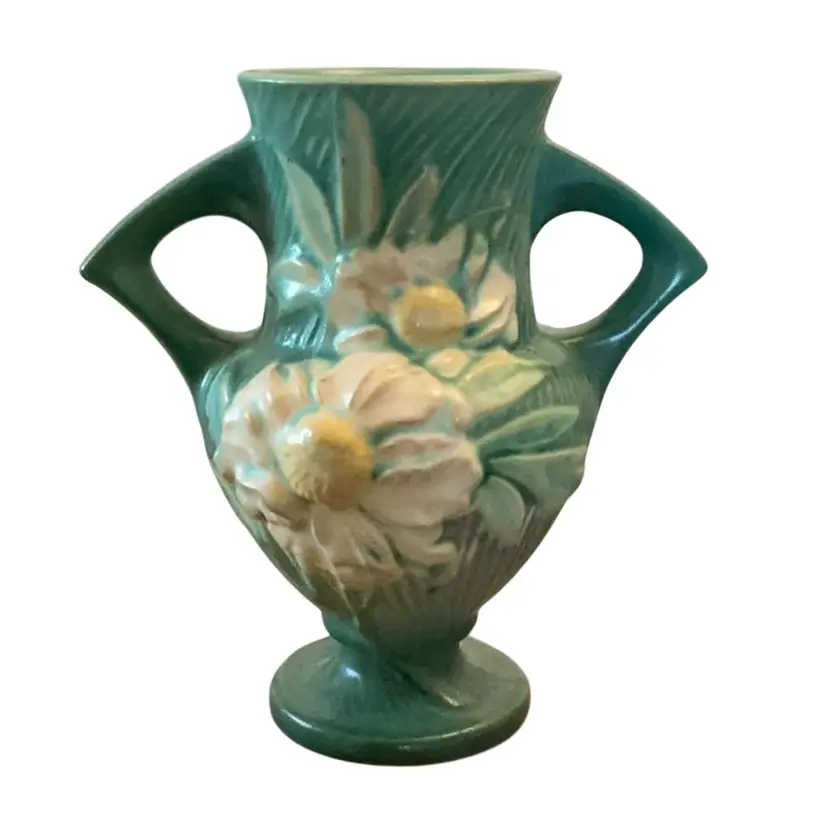 1940’s Two-Handled Roseville Pottery Peony Vase  6 1/2” X 6”