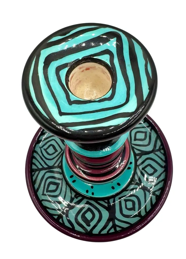 Signed KAS Vintage Studio Art Pottery Candle Holder Candlestick Blue Purple Pink