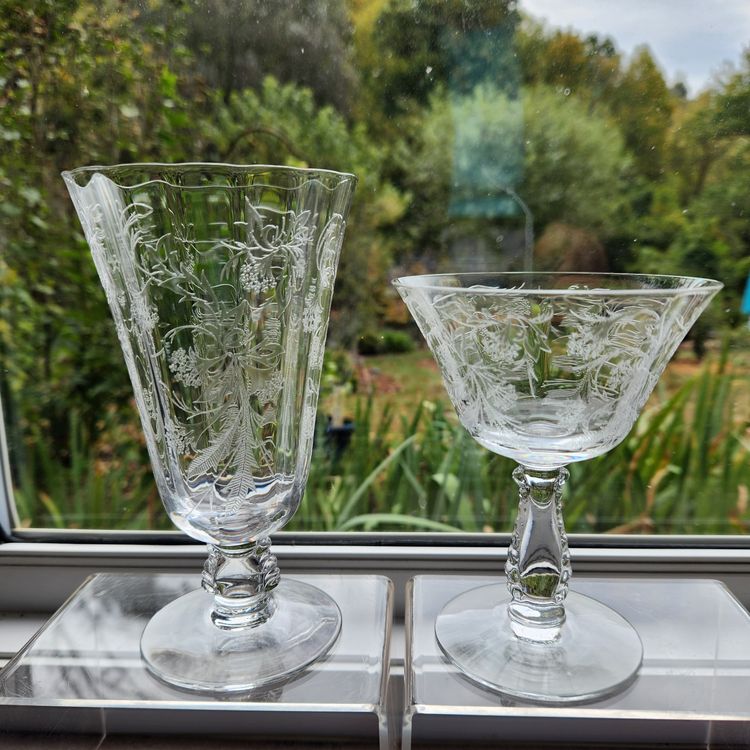 Heather Etch Glasses Set of 2 Iced Tea & Champagne Glass Footed by Fostoria 1950s Retired - USA