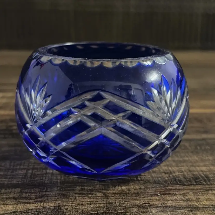 Bohemian Blue Cut Crystal Votive Bowl Small