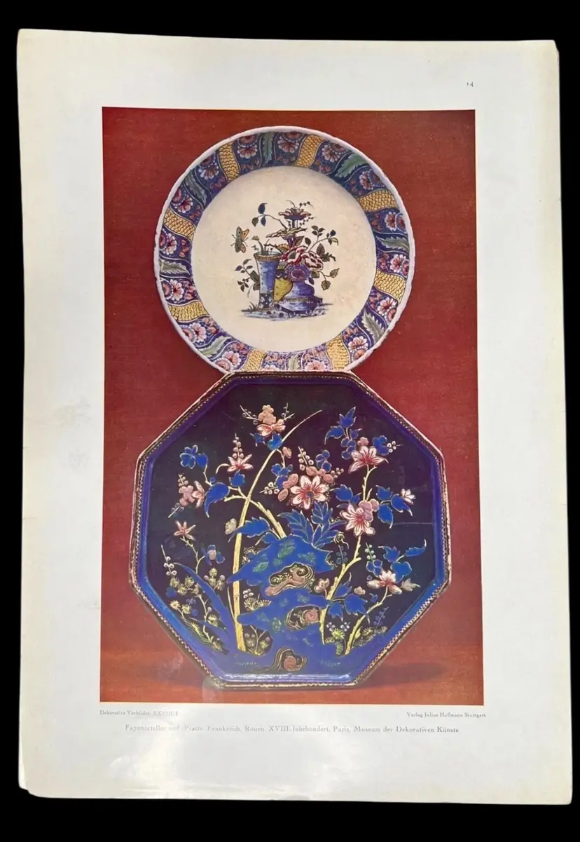 Antique Print Faience Pottery Plates Museum France Dekorative Vorbilder XXVIII