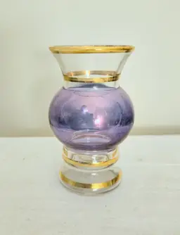 Vintage Bartlett Collins Iridescent Blue Clear Gold Trim Small Bud Vase Unique