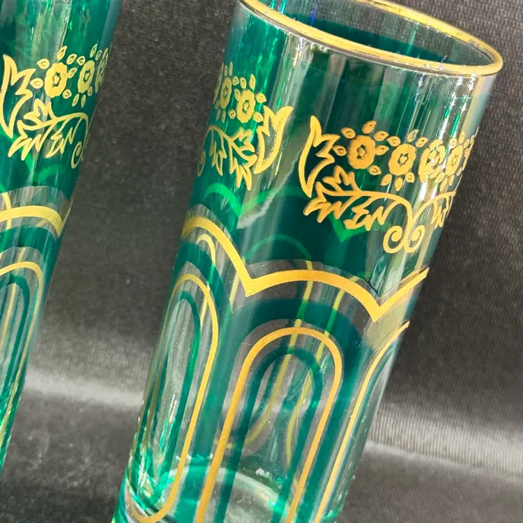 Vintage Moroccan Bohemian TEAL Gold Paneled Tumbler Glass Set Of 2