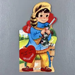 Vintage Mechanical Die Cut Valentine Hunter Boy Hat Bunny I'll Be Game Fringe 7"