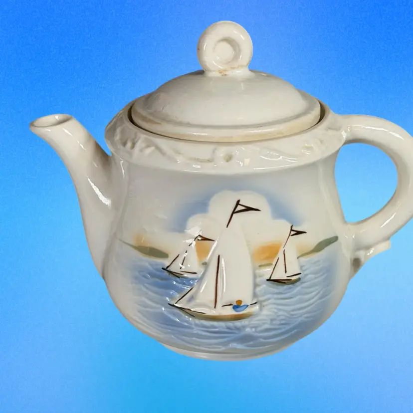 Vintage Porcelain Sailboat Teapot | “Porceline” Vitreous China | Made in USA