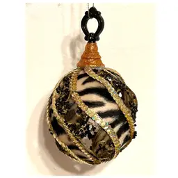 Handmade Christmas Ornament Safari Zebra Print Gold Sequins Black Beads 6 in Height
