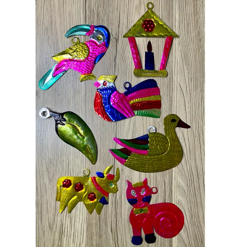 Lot Of 7 Mexican Punched Tin Ornaments