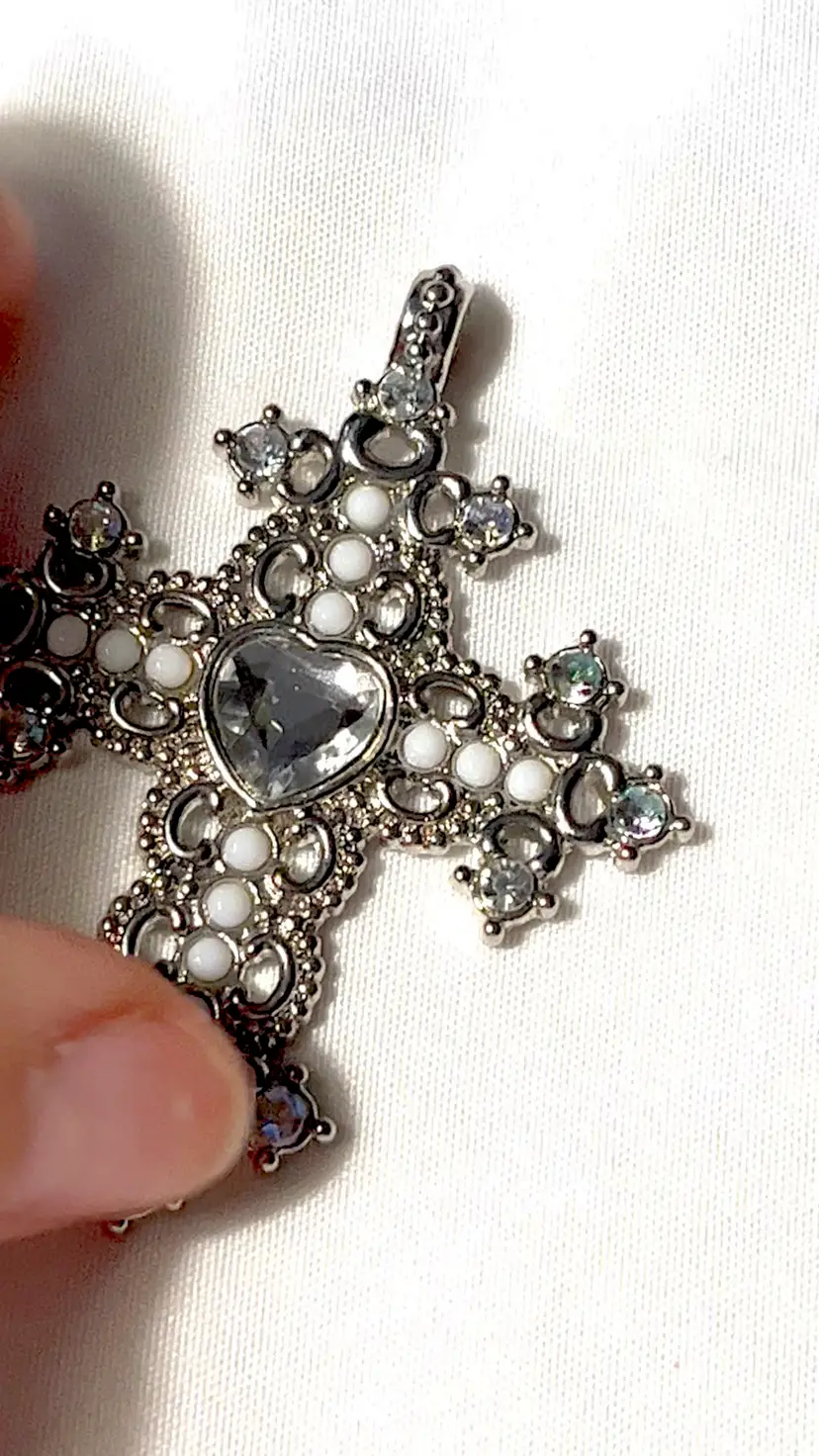 Silver Tone Cross w/ Rhinestone and White Beads
