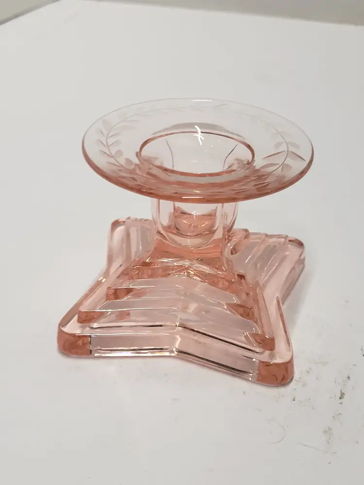 Pink Depression Glass Candle Holder Etched Flower Design