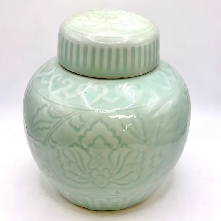 Celadon Glazed Asian Ginger Jar with Lid Lotus Floral Design 6”