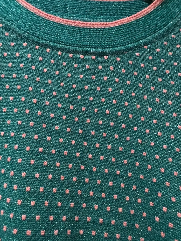 Anthropologie Numph Short Sleeve Top/Sweater Green / Metallic Pink Polka Dots XS