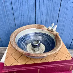 Artisan Studio Crafted Pottery Taper Candle Holder Blue Glaze Birds Signed