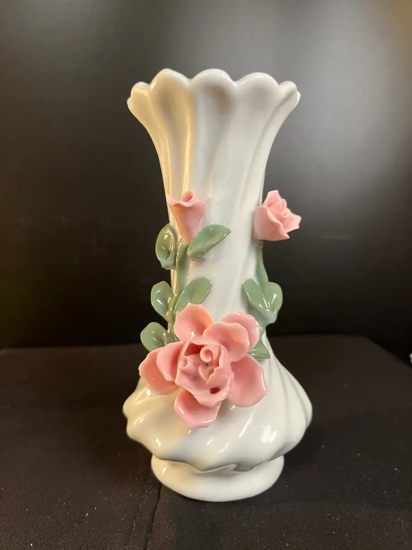 Beautiful 6" Tall Swirled Glossy White Vase with Applied Roses, Leaves & Stems, Ruffled Rim.
