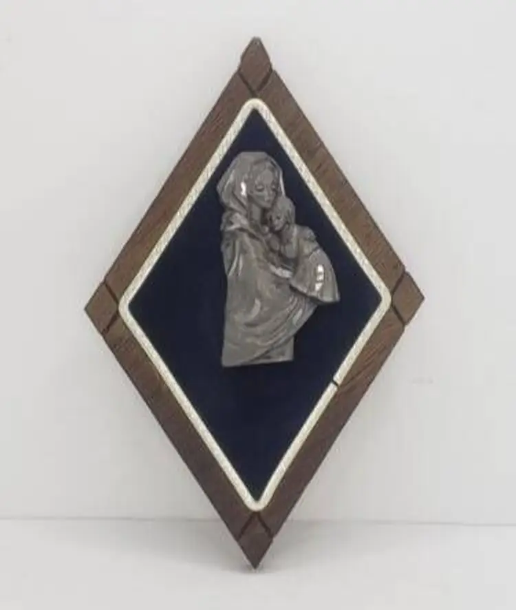Peltro Cesellato a Mano Pewter Madonna Mary with Child Blue Velvet made in Italy