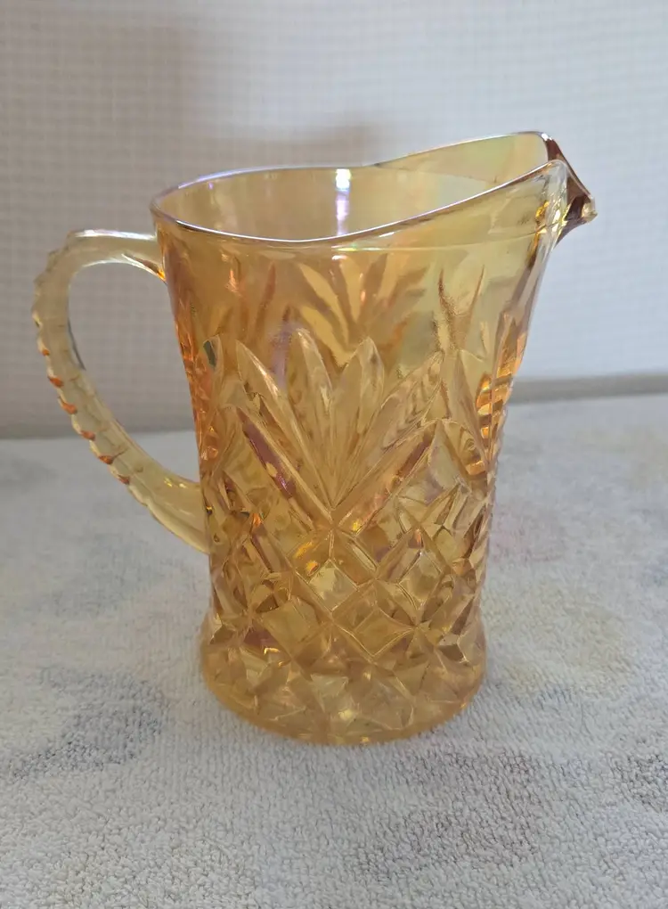 Vintage Carnival Marigold Pressed Glass Creamer In The Sunburst Fan Or Diamond Pattern With Ribbed Handle