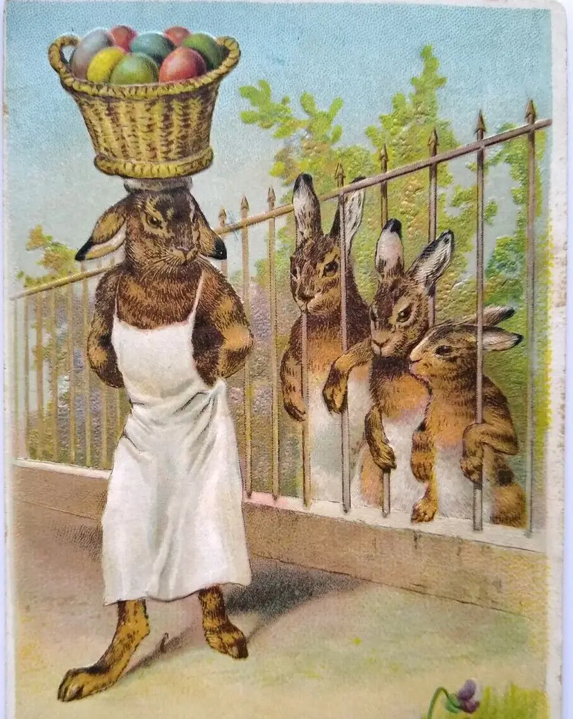 Easter Postcard Dressed Bunny Rabbit  Egg Basket On Head Humanized Fantasy BW