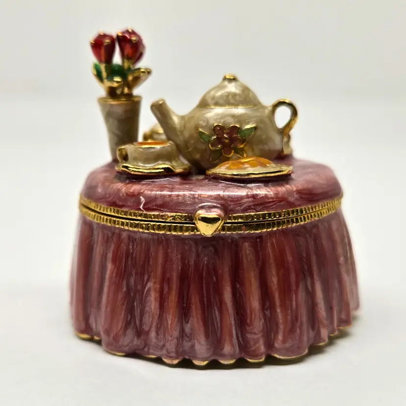 Monet Miniature Tea for Two Enamel Pill Box, Hinged, Magnetic, 1.5"