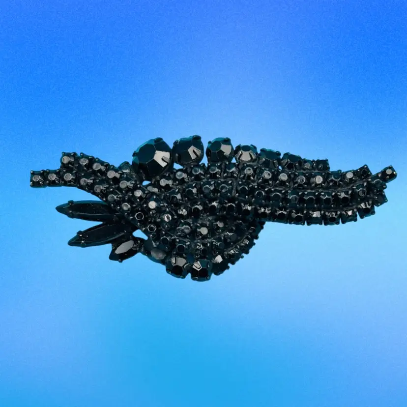 Vintage Black Rhinestone Leaf Brooch, Jet-Black Faceted Stones, Gothic Costume Jewelry